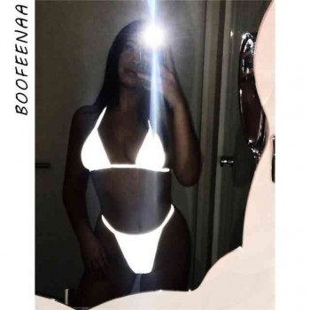 Silver Reflective Set Sexy Two Piece Set Halter Crop Top swimsuit